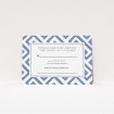 A wedding rsvp card design titled "Blue and white maze". It is an A7 card in a landscape orientation. "Blue and white maze" is available as a flat card, with tones of blue and white.
