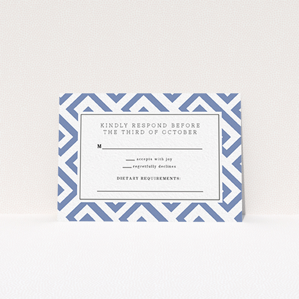 A wedding rsvp card design titled "Blue and white maze". It is an A7 card in a landscape orientation. "Blue and white maze" is available as a flat card, with tones of blue and white.