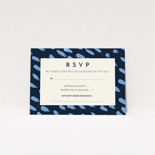 Wedding RSVP Card Design Design - "Blue strokes" A wedding rsvp card design named "Blue strokes". It is an A7 card in a landscape orientation. "Blue strokes" is available as a flat card, with tones of dark blue and light blue.