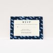 A wedding rsvp card design named "Blue strokes". It is an A7 card in a landscape orientation. "Blue strokes" is available as a flat card, with tones of dark blue and light blue.