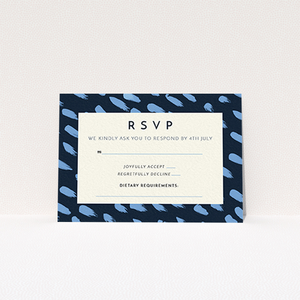 A wedding rsvp card design named "Blue strokes". It is an A7 card in a landscape orientation. "Blue strokes" is available as a flat card, with tones of dark blue and light blue.