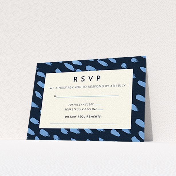 A wedding rsvp card design named "Blue strokes". It is an A7 card in a landscape orientation. "Blue strokes" is available as a flat card, with tones of dark blue and light blue.