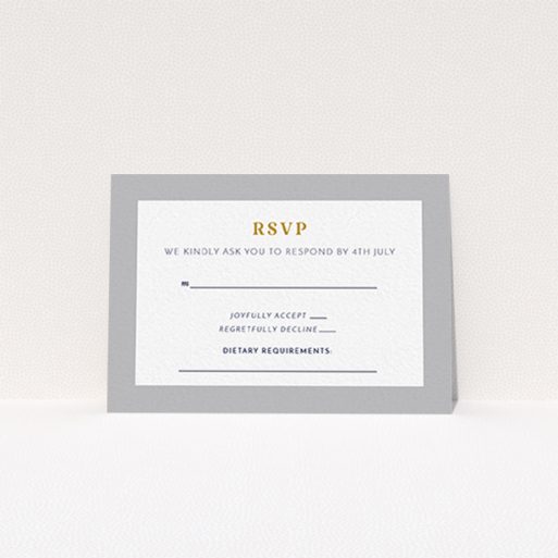 Wedding Rsvp Card - Bold Border (Grey) A wedding rsvp card design named "Bold border". It is an A7 card in a landscape orientation. "Bold border" is available as a flat card, with tones of grey and white.