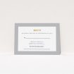 A wedding rsvp card design named "Bold border". It is an A7 card in a landscape orientation. "Bold border" is available as a flat card, with tones of grey and white.