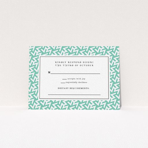 Wedding RSVP Card Design Design - "Born in the 80s" A wedding rsvp card design named "Born in the 80s". It is an A7 card in a landscape orientation. "Born in the 80s" is available as a flat card, with tones of green and white.