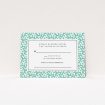 A wedding rsvp card design named "Born in the 80s". It is an A7 card in a landscape orientation. "Born in the 80s" is available as a flat card, with tones of green and white.