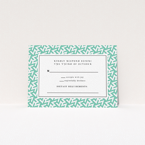 A wedding rsvp card design named "Born in the 80s". It is an A7 card in a landscape orientation. "Born in the 80s" is available as a flat card, with tones of green and white.