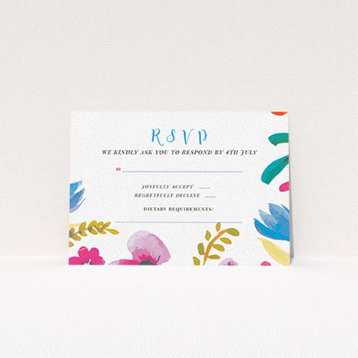 Wedding RSVP Card Design Design - "Botanical Pop" A wedding rsvp card design called "Botanical Pop". It is an A7 card in a landscape orientation. "Botanical Pop" is available as a flat card, with tones of white and red.