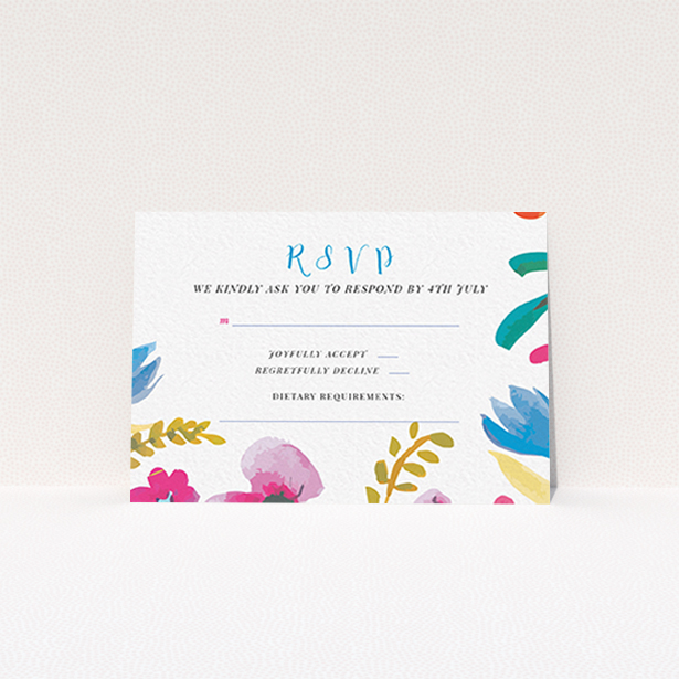 A wedding rsvp card design called "Botanical Pop". It is an A7 card in a landscape orientation. "Botanical Pop" is available as a flat card, with tones of white and red.