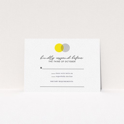 Wedding RSVP Card Design Design - "Cork Stamps" A wedding rsvp card design called "Cork Stamps". It is an A7 card in a landscape orientation. "Cork Stamps" is available as a flat card, with tones of white, yellow and grey.