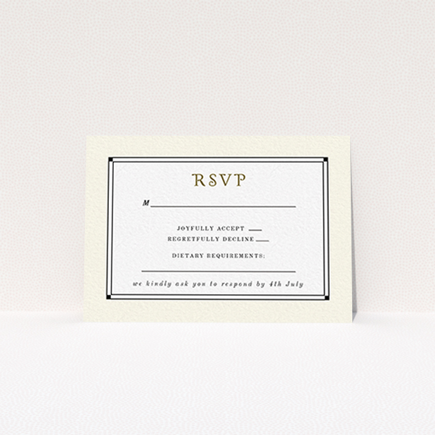 A wedding rsvp card called "Deco Cream". It is an A7 card in a landscape orientation. "Deco Cream" is available as a flat card, with mainly cream colouring.