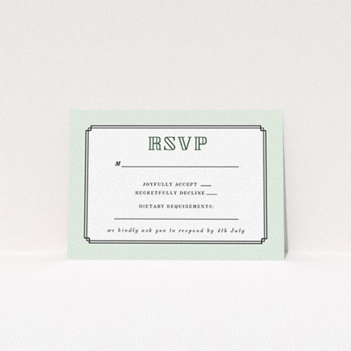 Wedding RSVP Card Design Design - "Deco mint" A wedding rsvp card named "Deco mint". It is an A7 card in a landscape orientation. "Deco mint" is available as a flat card, with tones of green and white.