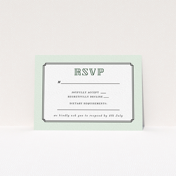 A wedding rsvp card named "Deco mint". It is an A7 card in a landscape orientation. "Deco mint" is available as a flat card, with tones of green and white.