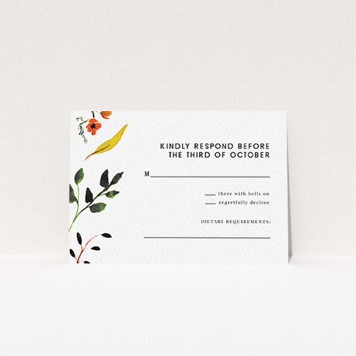 Wedding RSVP Card Design Design - "Elemental Flowers" A wedding rsvp card design titled "Elemental Flowers". It is an A7 card in a landscape orientation. "Elemental Flowers" is available as a flat card, with tones of white, green and yellow.