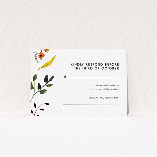 A wedding rsvp card design titled "Elemental Flowers". It is an A7 card in a landscape orientation. "Elemental Flowers" is available as a flat card, with tones of white, green and yellow.