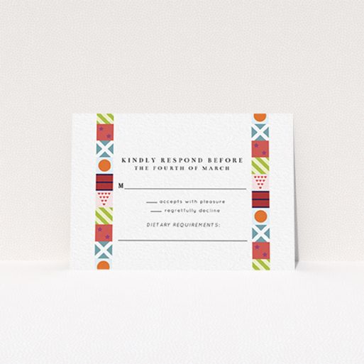 Wedding RSVP Card Design Design - "Epsom" A wedding rsvp card design titled "Epsom". It is an A7 card in a landscape orientation. "Epsom" is available as a flat card, with mainly red colouring.