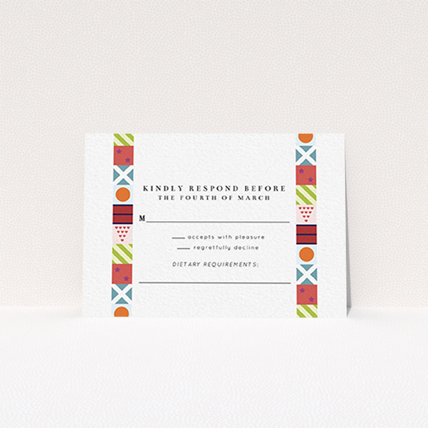 A wedding rsvp card design titled "Epsom". It is an A7 card in a landscape orientation. "Epsom" is available as a flat card, with mainly red colouring.