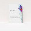 A wedding rsvp card design titled "Feather in the corner". It is an A7 card in a portrait orientation. "Feather in the corner" is available as a flat card, with tones of off-white and deep purple.