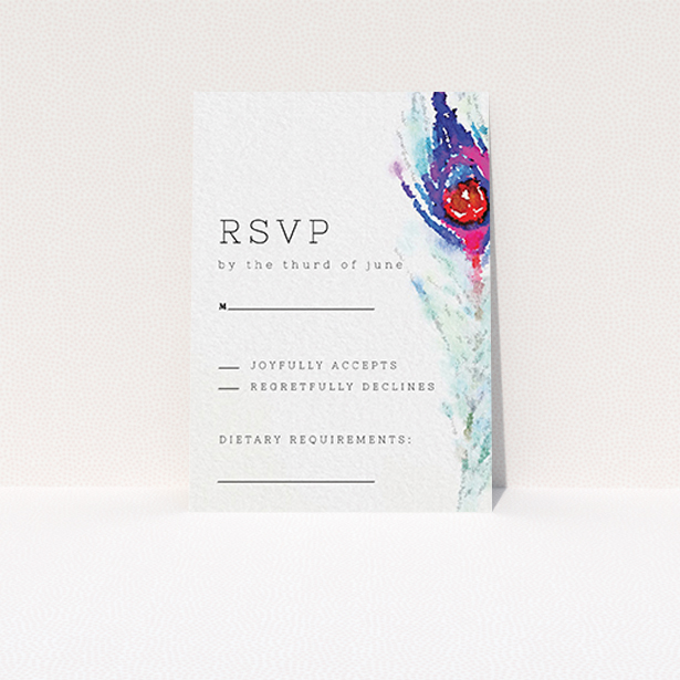 A wedding rsvp card design titled "Feather in the corner". It is an A7 card in a portrait orientation. "Feather in the corner" is available as a flat card, with tones of off-white and deep purple.