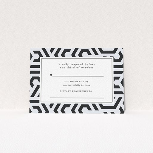 Wedding RSVP Card Design Design - "Geometric corners" A wedding rsvp card design called "Geometric corners". It is an A7 card in a landscape orientation. "Geometric corners" is available as a flat card, with tones of blue and white.