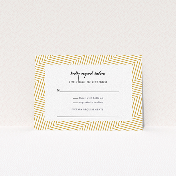 A wedding rsvp card called "Golden Lines". It is an A7 card in a landscape orientation. "Golden Lines" is available as a flat card, with tones of gold and white.