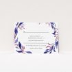 A wedding rsvp card called "Hues of Blue". It is an A7 card in a landscape orientation. "Hues of Blue" is available as a flat card, with tones of white and deep blue.