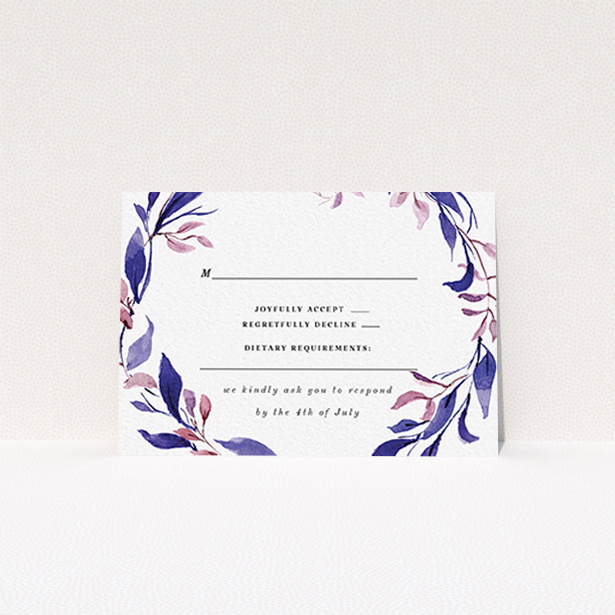 A wedding rsvp card called "Hues of Blue". It is an A7 card in a landscape orientation. "Hues of Blue" is available as a flat card, with tones of white and deep blue.