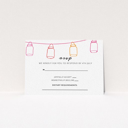 Wedding RSVP Card Design Design - "In a jar" A wedding rsvp card called "In a jar". It is an A7 card in a landscape orientation. "In a jar" is available as a flat card, with tones of white, orange and pink.