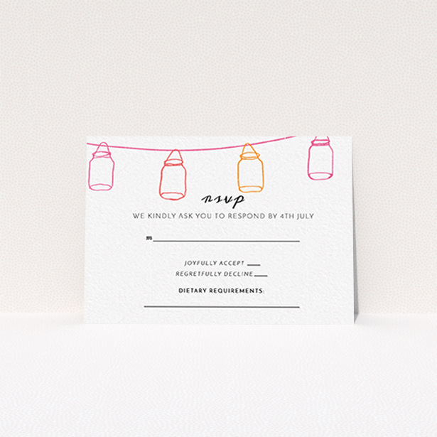 A wedding rsvp card called "In a jar". It is an A7 card in a landscape orientation. "In a jar" is available as a flat card, with tones of white, orange and pink.