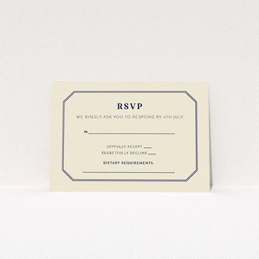 Wedding Response Card - In Between The Lines Square (Cream) A wedding rsvp card design named "In between the lines square". It is an A7 card in a landscape orientation. "In between the lines square" is available as a flat card, with tones of cream and navy blue.