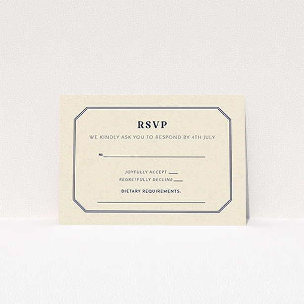 A wedding rsvp card design named "In between the lines square". It is an A7 card in a landscape orientation. "In between the lines square" is available as a flat card, with tones of cream and navy blue.