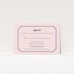 A wedding rsvp card called "In between the lines square". It is an A7 card in a landscape orientation. "In between the lines square" is available as a flat card, with mainly pink colouring.