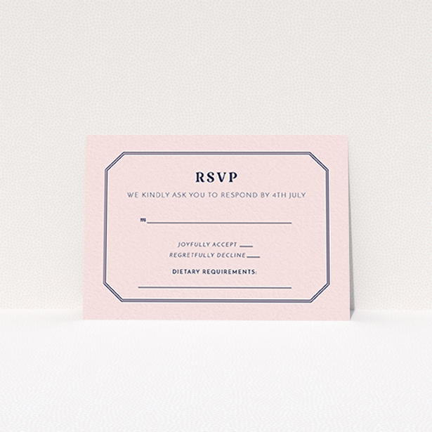 A wedding rsvp card called "In between the lines square". It is an A7 card in a landscape orientation. "In between the lines square" is available as a flat card, with mainly pink colouring.