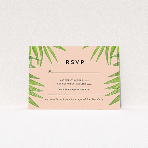 Wedding RSVP Card Design Design - "In the courtyard" A wedding rsvp card design titled "In the courtyard". It is an A7 card in a landscape orientation. "In the courtyard" is available as a flat card, with tones of green and pink.