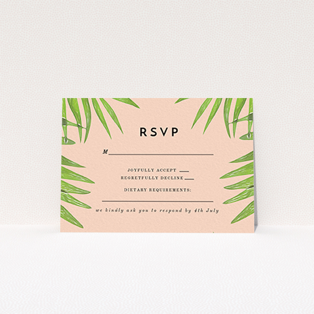 A wedding rsvp card design titled "In the courtyard". It is an A7 card in a landscape orientation. "In the courtyard" is available as a flat card, with tones of green and pink.
