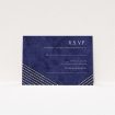 A wedding rsvp card design called "In the Navy". It is an A7 card in a landscape orientation. "In the Navy" is available as a flat card, with tones of navy blue and white.