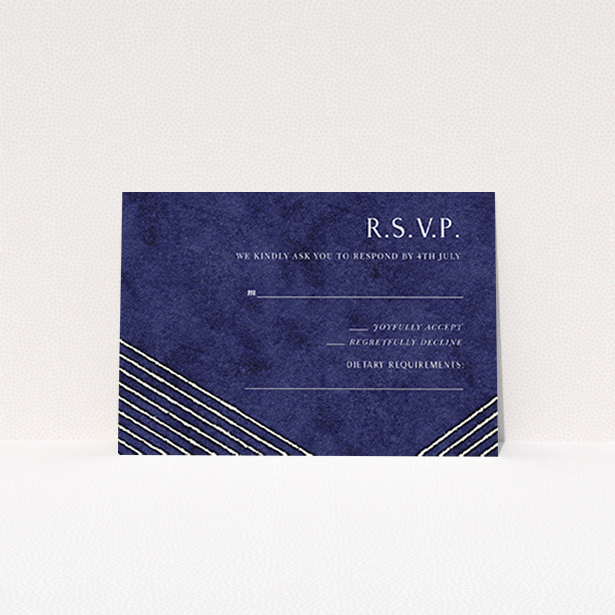 A wedding rsvp card design called "In the Navy". It is an A7 card in a landscape orientation. "In the Navy" is available as a flat card, with tones of navy blue and white.