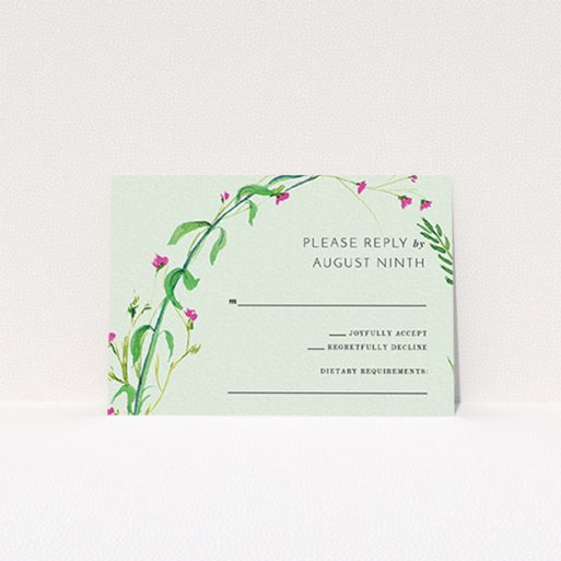Wedding RSVP Card Design Design - "Jungle collection" A wedding rsvp card named "Jungle collection". It is an A7 card in a landscape orientation. "Jungle collection" is available as a flat card, with mainly green colouring.