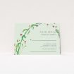A wedding rsvp card named "Jungle collection". It is an A7 card in a landscape orientation. "Jungle collection" is available as a flat card, with mainly green colouring.