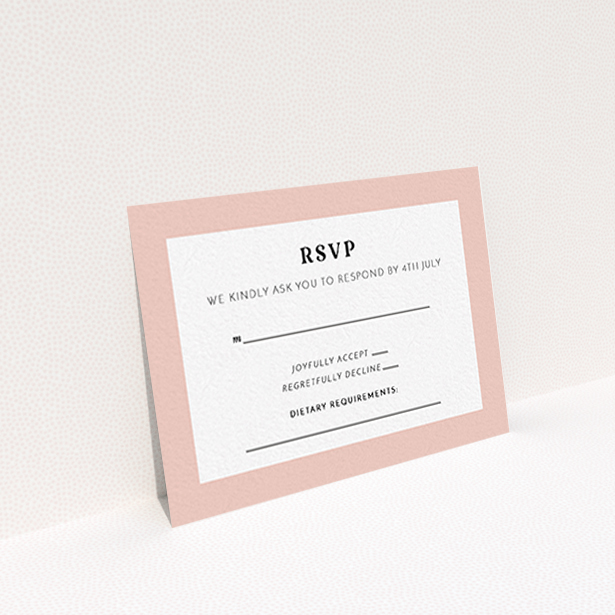 A wedding rsvp card design titled "Lines with a thick border". It is an A7 card in a landscape orientation. "Lines with a thick border" is available as a flat card, with tones of pink and white.