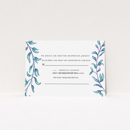Wedding RSVP Card Design Design - "Marine Wreath" A wedding rsvp card named "Marine Wreath". It is an A7 card in a landscape orientation. "Marine Wreath" is available as a flat card, with tones of blue and green.