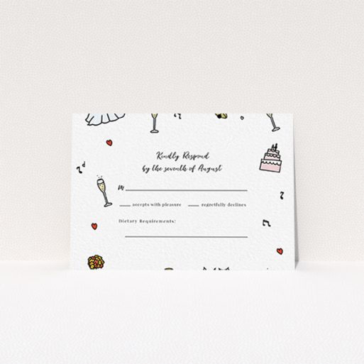 Wedding RSVP Card Design Design - "Matrimonial Doodles" A wedding rsvp card template titled "Matrimonial Doodles". It is an A7 card in a landscape orientation. "Matrimonial Doodles" is available as a flat card, with tones of white and green.