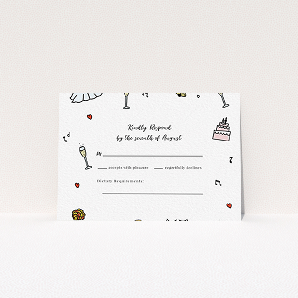 A wedding rsvp card template titled "Matrimonial Doodles". It is an A7 card in a landscape orientation. "Matrimonial Doodles" is available as a flat card, with tones of white and green.