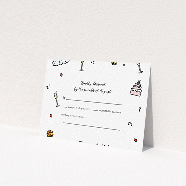 A wedding rsvp card template titled "Matrimonial Doodles". It is an A7 card in a landscape orientation. "Matrimonial Doodles" is available as a flat card, with tones of white and green.