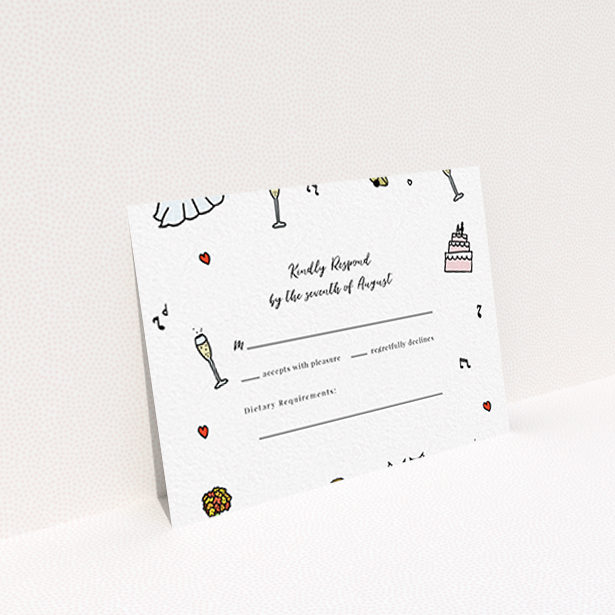 A wedding rsvp card template titled "Matrimonial Doodles". It is an A7 card in a landscape orientation. "Matrimonial Doodles" is available as a flat card, with tones of white and green.