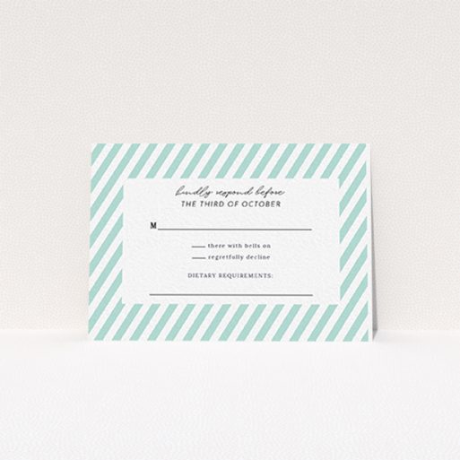 Wedding RSVP Card Design Design - "Mint Diagonals" A wedding rsvp card template titled "Mint Diagonals". It is an A7 card in a landscape orientation. "Mint Diagonals" is available as a flat card, with tones of green and white.
