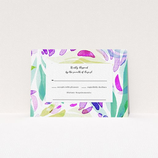 Wedding RSVP Card Design Design - "Neon Florals" A wedding rsvp card design called "Neon Florals". It is an A7 card in a landscape orientation. "Neon Florals" is available as a flat card, with tones of white, green and pink.