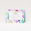 A wedding rsvp card design called "Neon Florals". It is an A7 card in a landscape orientation. "Neon Florals" is available as a flat card, with tones of white, green and pink.