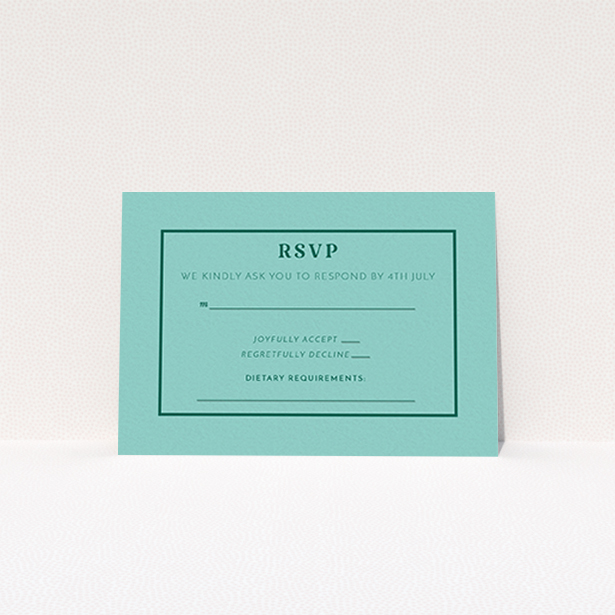 A wedding rsvp card named "Olive branch stamp". It is an A7 card in a landscape orientation. "Olive branch stamp" is available as a flat card, with mainly green colouring.