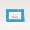 A wedding rsvp card design named "Orange Splatters". It is an A7 card in a landscape orientation. "Orange Splatters" is available as a flat card, with tones of light blue and orange.